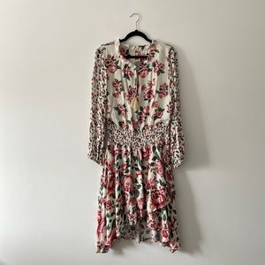FARM Rio Anabela Smocked Waist Floral Knee Length Tassel Boho Dress Size Medium